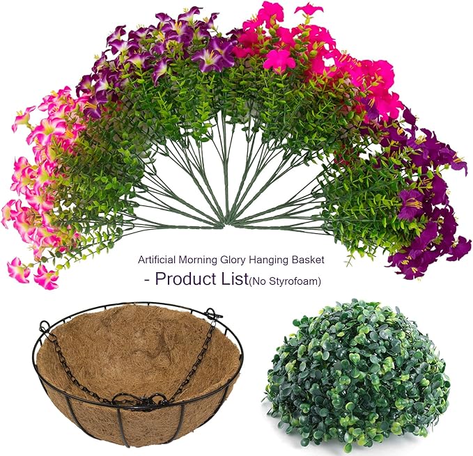 2 Set Artificial Outdoor Petunias Flowers with Hanging Baskets, 24 Pcs UV Resistant Faux Petunias Flowers with Hanging Planter for Front Door Porch Spring Outside Decor (2, RoseRed,RedViolet)