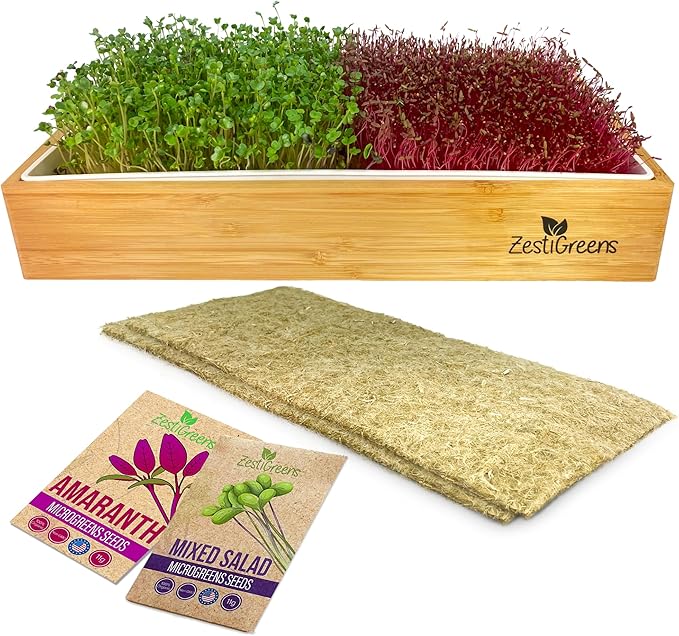 Self Watering Microgreens Growing Kit. Hands Down the Easiest Way to Grow Microgreens. Includes Tray, Seeds, Mats, and Bamboo Surround. Great Gift for Gardeners