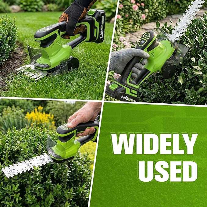 FULLYEA Cordless Hedge Trimmer, 2-in-1 Electric Bush Trimmer & Grass Shear, Lightweight Hedge Cutter with 2 * 2.0Ah Batteries & Charger, Battery Powered Grass Trimmer, Handheld Shrub Trimmer (Green)