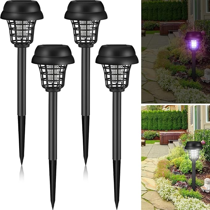 Qualirey 4 Pcs Solar Bug Zapper Waterproof Mosquito Killer Solar Light Power Repellent Lamp for Moth, Gnat, Fly, Small Flying Insect Indoor Outdoor Garden Patio, Purple & White (Plastic, Black)