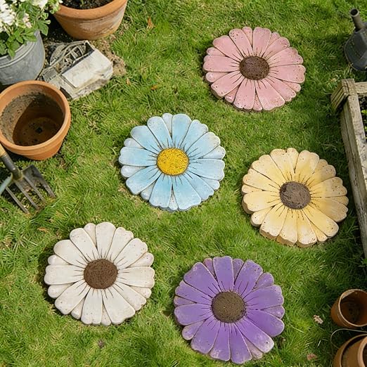 2 Pack Daisy Cement Stepping Stones 10 Inch, Heavy Duty Garden Pathway Stones, Non Slip Outdoor Walkway Decor for Yard Patio Lawn, Weather Resistant Cement Stepping Stones (Blue)
