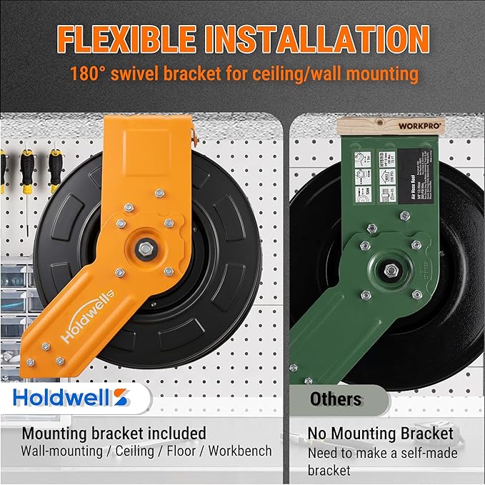 Retractable Air Hose Reel, 3/8" x 50FT Hybrid Air Hose, 300PSI Max, Auto-Rewind & Length-Lock, 1/4" NPT Fitting, Ceiling/Wall Mount Heavy Duty Single Arm Steel Reel for Workshop/Garage