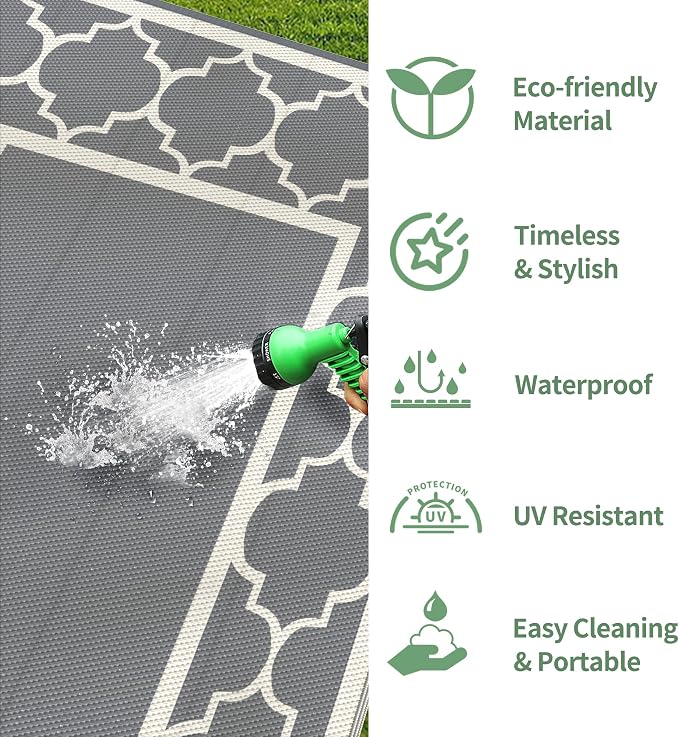 GENIMO 8 ' x 10 ' Outdoor Rug for Patio, Waterproof Indoor Outdoor Plastic Straw Rugs Carpet, Reversible Outside Area Mat for Camping, Balcony Porch, Deck, Picnic, Beach Grey & Beige White