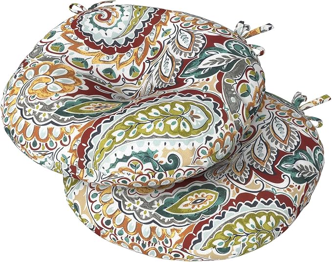 DYTXIII Set of 2 Outdoor Round Chair Cushions 15"x15"x4" with Ties, Water Repellent Tufted Bistro Seat Cushions, Thick Patio Chair Pads for Bar Stool, Garden & Dining Furniture - Paisley Chilli