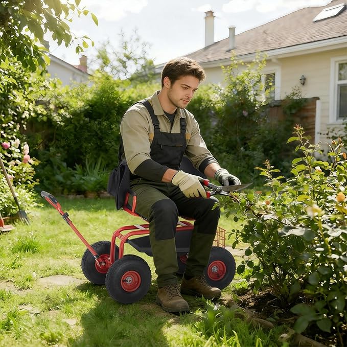 Rolling Garden Work Seat with Wheels, 300lbs Heavy Duty Garden Cart, 360° Swivel Adjustable Height Rolling Stool, Extendable Handle, Storage Basket & Tray for Gardening, Lawn Care, Adults & Seniors