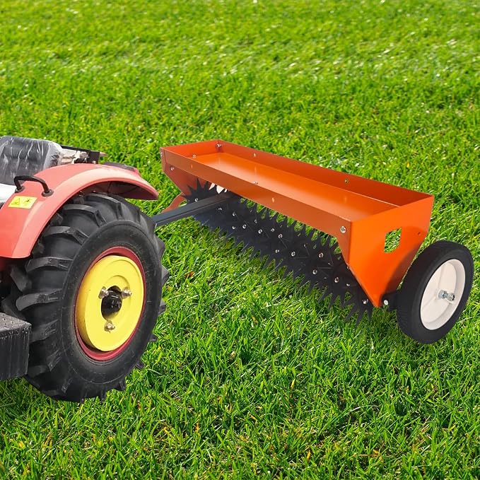 GarveeLife 40 in Tow Behind Aerator, Aerator Lawn Tool with Universal Hitch, Adjustable Handle, Transport Wheels, Lawn Aerator Compatible with Tractors for Garden, Farm and Lawn, Orange