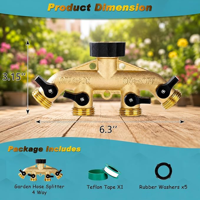 Dalmbox Garden Hose Splitter 4 Way, Water Hose Splitter, 3/4" Heavy-Duty Brass Garden Hose Splitter, Includes 5 Rubber Washers & Teflon Tape(1 pack)
