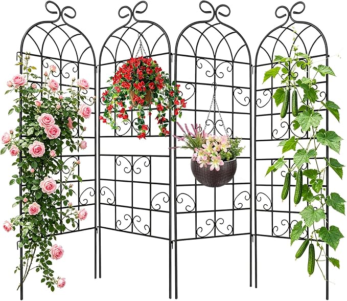 YOBAZAN 4 Pack 72x20in Rustic Iron Arch Decoration Garden Trellis with Black Metal Coating – Perfect for Supporting Climbing Plants Outdoor, Roses, Vines, Flowers, and Vegetables.