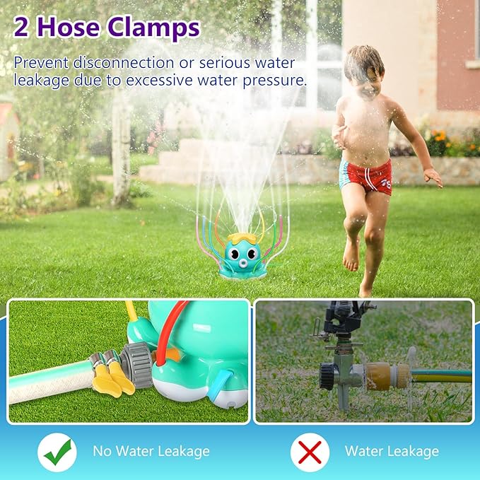 MoKo Water Spray Sprinkler for Kids-Cute Sprinkler with 8 Wiggle Tubes and 2 Hose Clamps Outdoor Sprinklers Summer Octopuses Toys for Garden Backyard Lawn Splashing Fun Toys for Boys Girls, Light Blue
