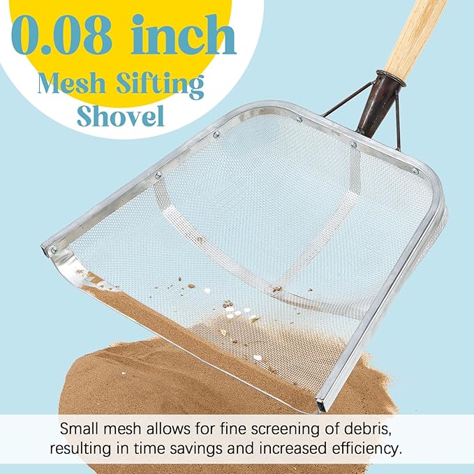Teenyyou Leaking Soil Shovel Filter 0.08 Inch/ 2 mm Mesh 43.3''L Chicken Poop Scooper Stainless Steel Sieve Sifting Shovel with D Grip Wood Handle for Gardening Farm Chicken Coop Goat Stall