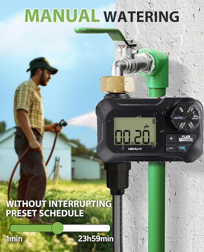 HIRALIY Water Timer for Garden Hose, Programmable Sprinkler Timer Outdoor, for Irrigation System Garden Watering, Rain Delay/Manual Mode, Brass Connector, IP65 Waterproof