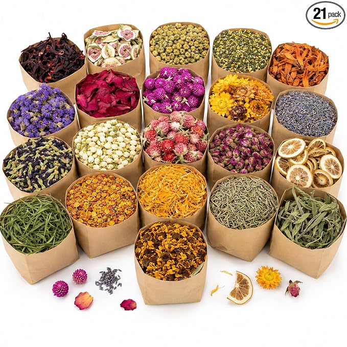 Sukh Dried Herbs Kit - Dried Botanicals Bulk,21 Bags Natural Dry Flowers and Herbs for Soap,Candle,Perfume,Bath Bombs,Resin Jewelry Making Supplies,Fragrance Sachet DIY and Witchcraft