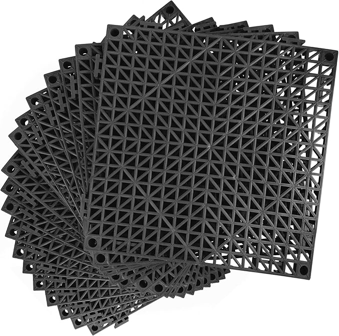 MYFAMIREA Modular Interlocking Cushion 18 Pack 11.8" x 11.8" Rubber Floor Tiles Non-Slip Splicing Drainage Mats for Deck, Black