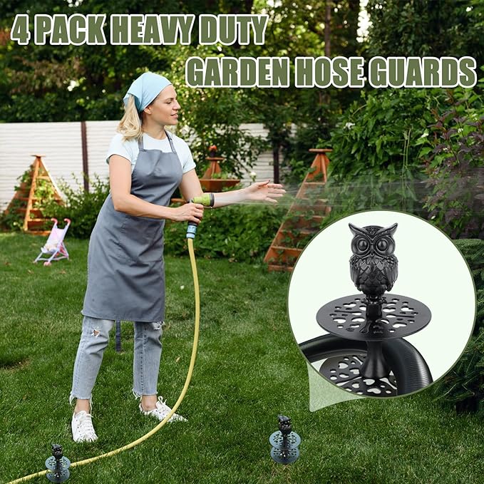 4 Pack Hose Guides for Garden Heavy Duty Metal Water Hose Guards for Flower Beds Decorative Garden Stake Spike Owl-Shaped Black Cast Iron Plant Protector for Lawn Yard Ground Outside Flower Bed