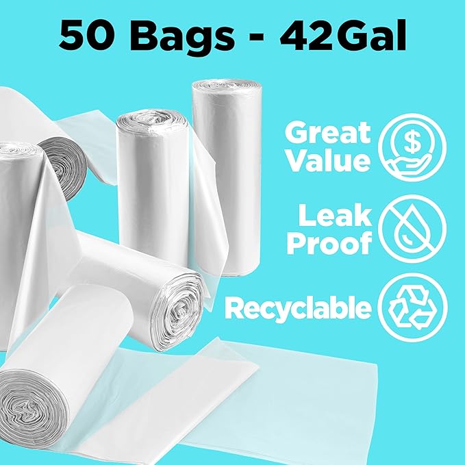 42 Gallon Trash Bags, 3 Mil Contractor Bags, Large Trash Can Liners, 33 x 48", For Large Trash Cans - For Outdoor, Lawn, Custodian, Landscape, Leaf, Recycling - Made in USA - (CLEAR, 50 COUNT)