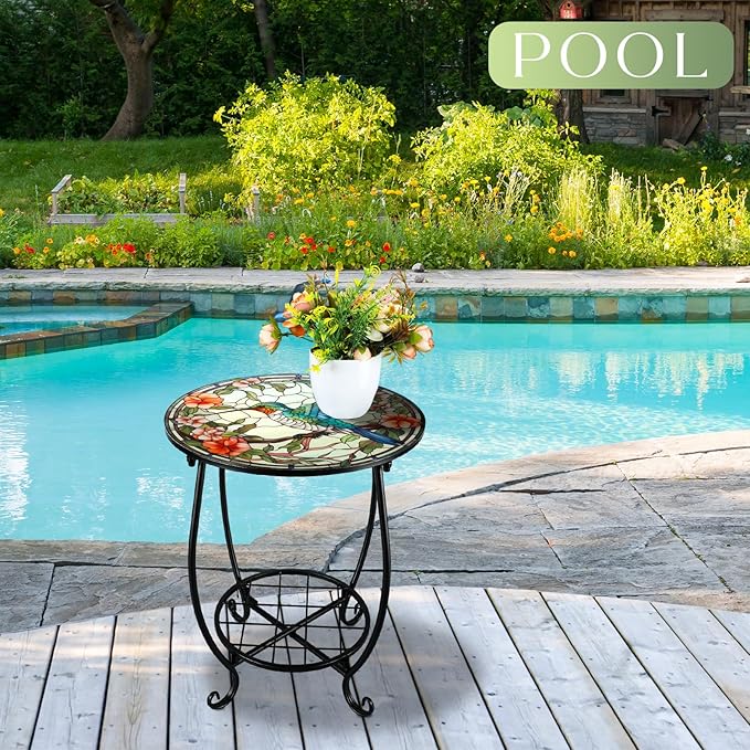 Cinnvoice Outdoor Side Table Round Small Mosaic Patio Accent Indoor End Plant Coffee Tea Table for Yard Patio Porch Garden Living Room, Bedroom(Hummingbird A Style,14 Inch)