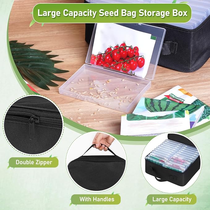 24 Slots Seed Storage Organizer Box with Dual Zipper Bag, 100 Pcs Seed Sealed Bag and 80 Pcs Label Stickers,Seed Storage Container for Garden Vegetable Flower Plants Seeds Saving