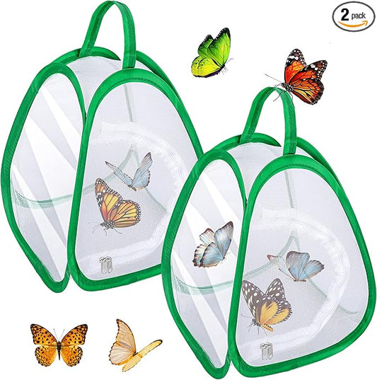 2 Pcs Mini Butterfly Habitat Cage- 10 x 8.8 x 8 Inch Collapsible Insect Mesh Cage- Portable Butterfly Net Habitat with Zipper for Transporting and Raising