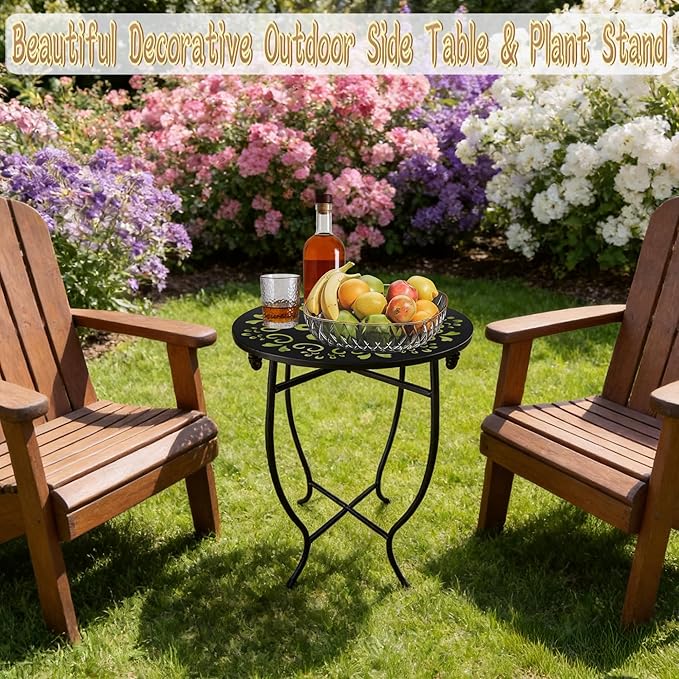 Small Patio Table, 17Inch Height Metal Patio Side Table with Flower Cut Design, 14'' Round Small Outdoor Side Tables for Patio Yard Porch Balcony Garden Bedside Plant Stand Indoor Outdoor 1Pack