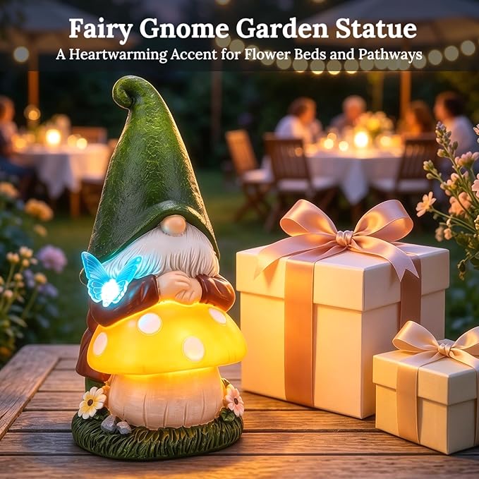 Solar Garden Gnome Statue with Glowing Mushroom & Butterfly Light, 9" Resin Solar Gnome Outdoor Waterproof LED Garden Decor for Yard Lawn Patio Pathway, Cute Garden Gnome Gift for Dad Father’s Day