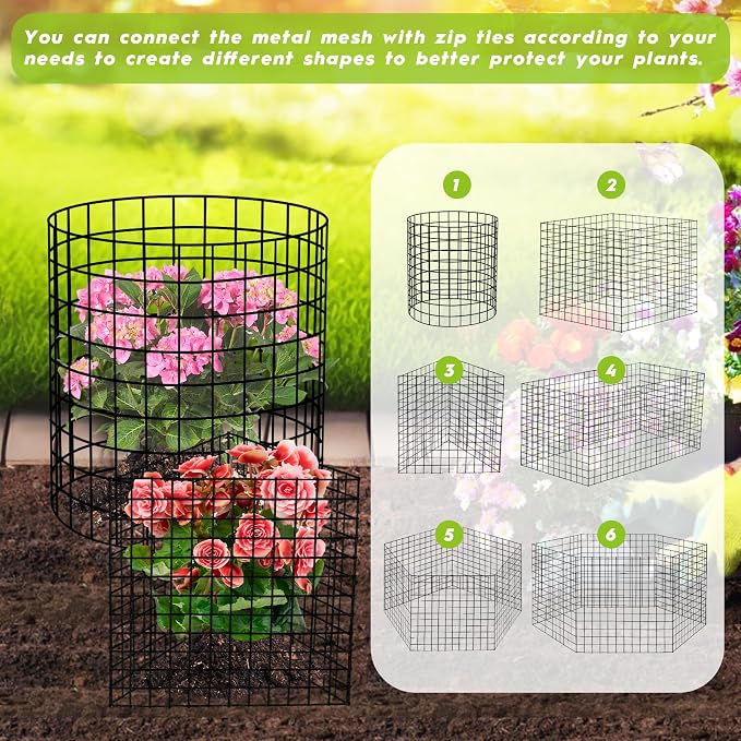 10 Pack Plant Protectors from Animals Wire Plant Protector Cage to Keep Animals Out with Zip Ties & Stakes, 30 Panels Bendable Metal Mesh for Flowers Vegetables