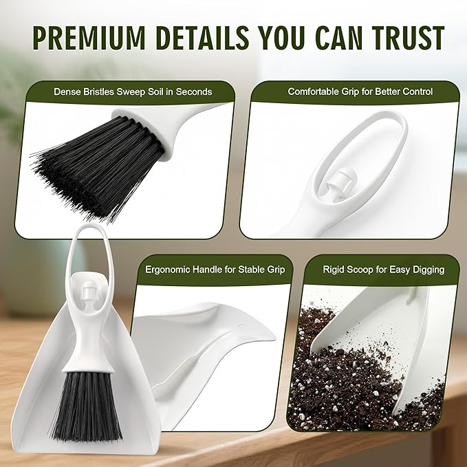 Enhon Mini Soil Scoop with Brush for Indoor Plants, 2 in 1 Plant Potting Tool Set for Mess Free Repotting, Mini Dustpan and Brush Set for Succulents, Bonsai & Desktop Plant Care