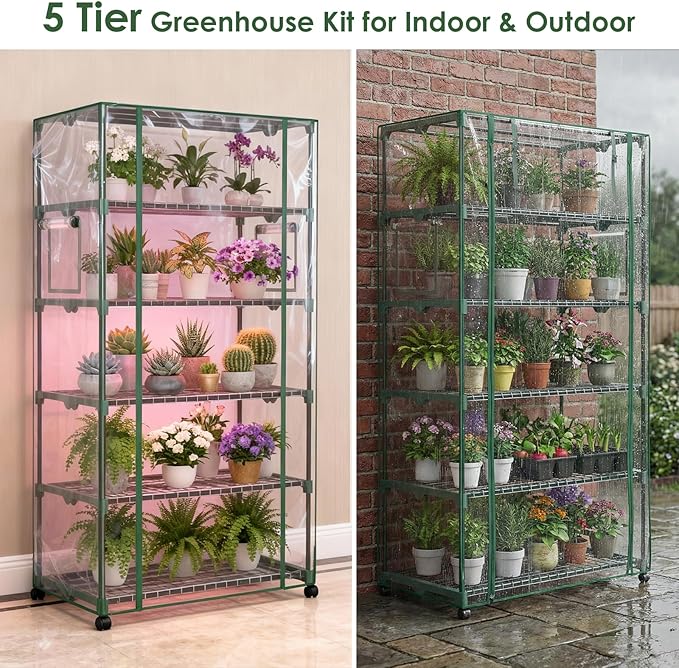 5 Tier Indoor Greenhouse with Grow Lights & Wheels & 2 Ventilation Windows & 5 Shelves , 36"x19"x70" Mini Greenhouse with Wheels & Transparent PE Cover