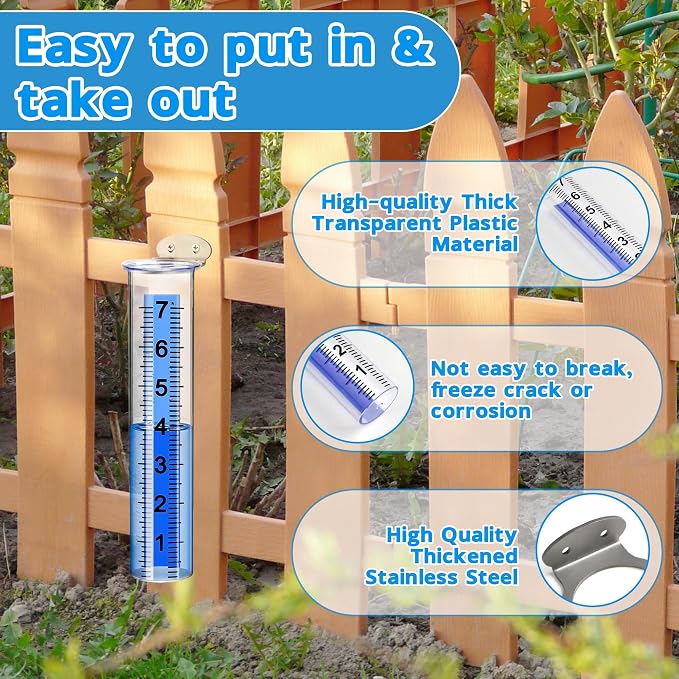 Rain Gauge Outdoor, 7" Large Capacity Rain Gauge Replacement Tube with Stainless Steel Mounting Rack Holder, Clear Numbers, Rain Gauges Outdoors Best Rated for Garden Lawn Yard Fence Patio Farm