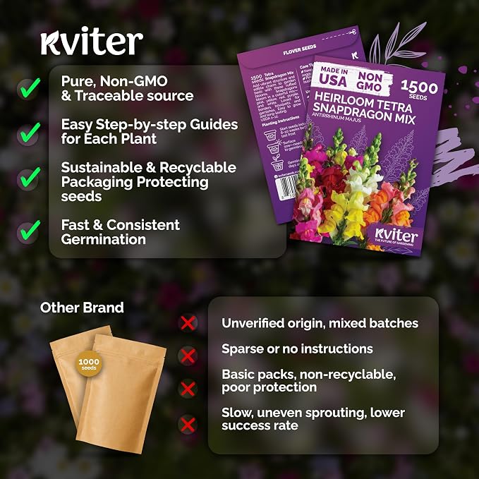 KVITER 1,500 Tetra Mix Snapdragon Seeds (Antirrhinum Majus) – Heirloom & Tall Snap Dragon Mix, Annual Flower Garden Seeds, Cut Flower Seeds for Planting – Ideal for Outdoor Garden & Containers