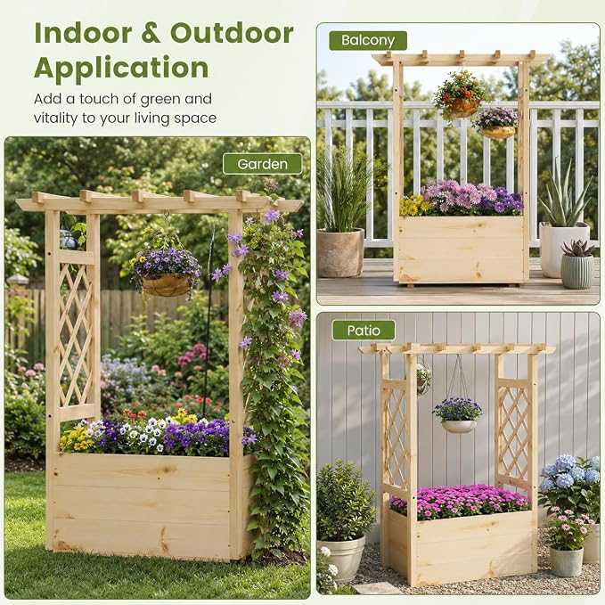 Giantex Raised Garden Bed with Sided Trellis & Hanging Roof, Wood Planter Box, Freestanding Garden Planter Raised Bed for Flowers Herbs Climbing Vines 31”x16”x41” (L x W x H)