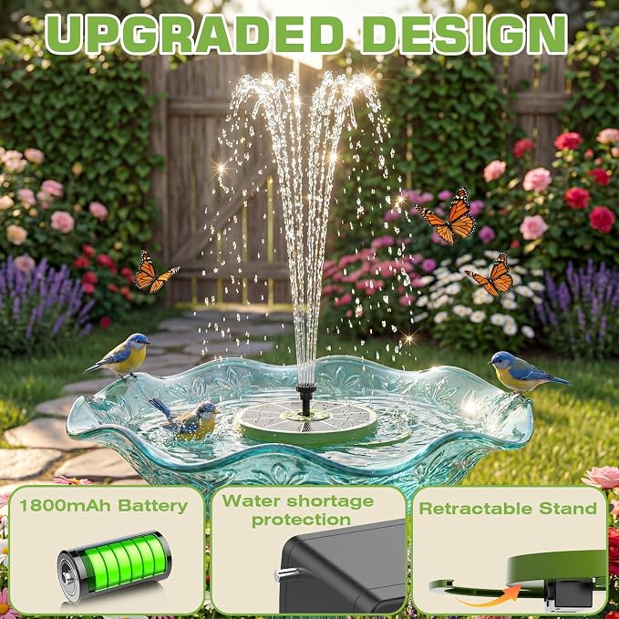 AISITIN 3.5W Solar Bird Bath Fountain with Built-in 1500mAh Battery, Solar Water Pump with 8 Nozzles, Solar Powered Floating Fountain for Outdoor Garden, Birdbath, Pond, Pool, Fish Tank - Dark Green