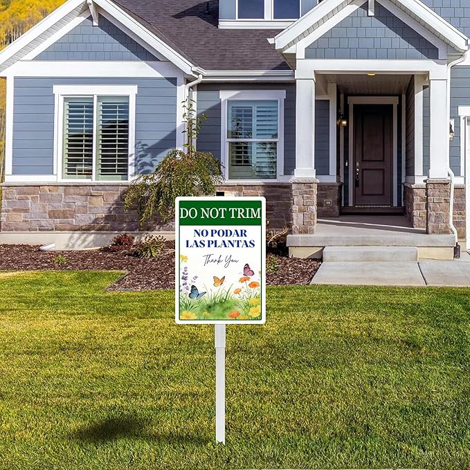 Do Not Trim No Podar Las Plantas Yard Sign With Stakes in English and Spanish Do Not Mow Rustproof Reflective Aluminum Pollinator Friendly Garden Sign Stand Outdoor 8X12 IN