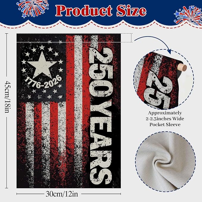 250 Anniversary USA Garden Flag, Double Sided Waterproof Distressed Patriotic Flag 1776-2026, Outdoor Yard Decor 12x18