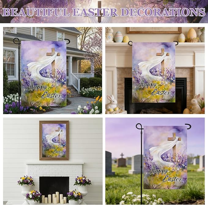 Easter Garden Flag 12x18 Inch Double Sided, Christian Cross Religious Happy Easter Decor, Burlap Small Spring Yard Banner for Outside Seasonal Holiday Decoration