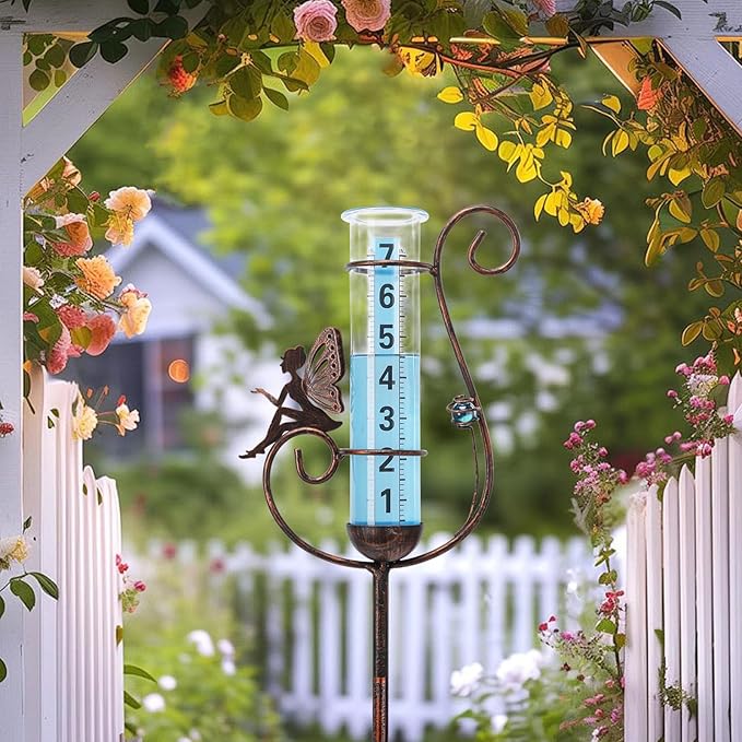 WONDER GARDEN Rain Gauge Outdoor, Decorative Fairy Rain Gauges Outdoors Best Rated, Freeze Proof Glass Water Rain Measure Gauge with Blue Bead for Yard Patio Lawn Decor