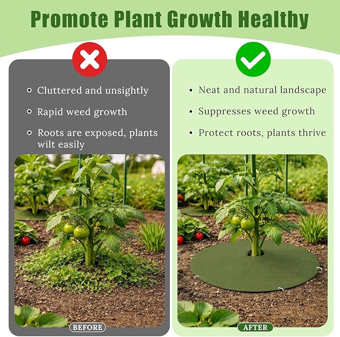 YBB 10 Pcs Upgraded Tree Mulch Rings, 32.3 Inch Tree Weed Barrier Fabric Non-Woven Degradable Weed Mat Blocker for Landscaping Weed Control Root Protection with 20 Nails