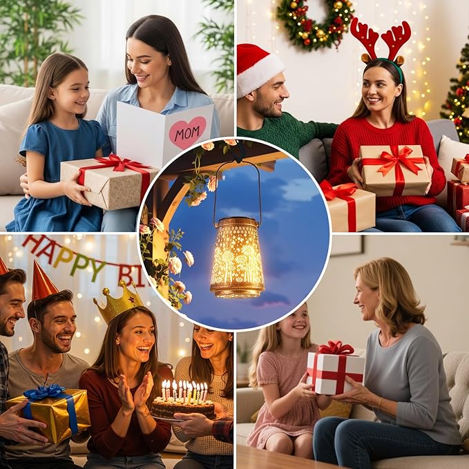 2 Pack Solar Lanterns Outdoor Waterproof Birthday Gifts for Women Mom Grandma, Hollowed-Out Metal Sunflower Hanging Solar Lantern Lights Outdoor Decor, 2 Lighting Modes for Yard, Patio