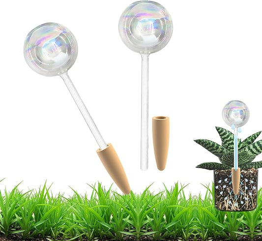 HyJeryty Non-Clogging Iridescent 2 Pack Ball Plant Watering Globes with Terracotta Spikes, Hand Blown Glass Self Watering Planter Insert Plant Watering Devices Bulbs for Indoor and Outdoor Plants