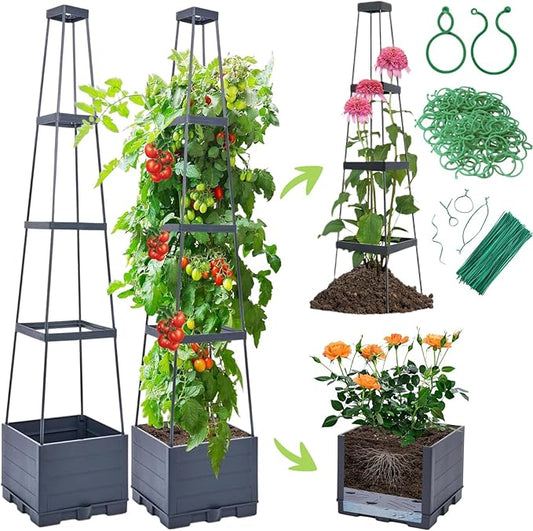2 Pack Tomato Planter Box with Trellis for Climbing Plants Outdoor - Self Watering Raised Garden Bed Tomato Pot - 55" Tomato Cage Garden Trellis Plant Support for Vine Vegetables Herbs Flowers Indoor