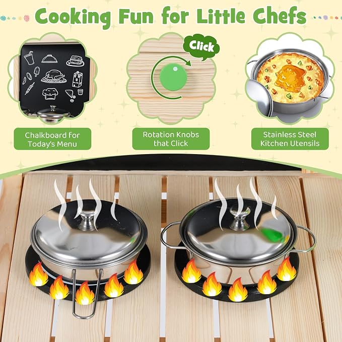 HONEY JOY Mud Kitchen with Running Water, Fir Wood Play Kitchen for Toddlers, 4 Planter Pots w/Accessories, Chalkboard, Sink & Faucet, Outdoor Kids Kitchen Playset for Garden Fun (4 Planter Boxes)