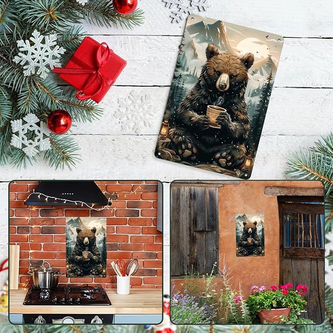 Bear Metal Tin Sign Morning Brew in the Wild Wall Art Rustic Bear & Coffee Cup Tin Sign for Cozy Cabin Decor Kitchen & Living Room Vintage Gift for Wilderness Enthusiasts 12 * 8in