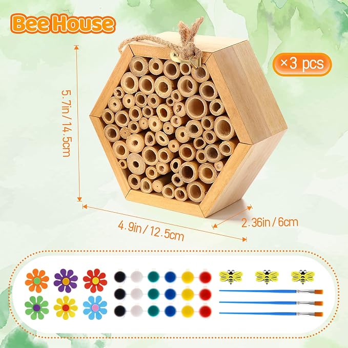 Leinuosen Mason Bee House Crafts for The Garden Handmade Natural Wooden Bees Hive with Dly Painting Kits Bees Hotel Bamboo Tubes for Bee Festival Pollinators Enhance Your Garden's Product