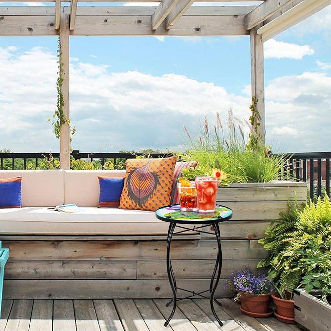 Lotus-Leaf Dragonfly Small Patio Table,Outdoor Side Bar Table, 10 Inch Metal Glass End Table for Porch Garden Yard Pool Living Room Mother's Day Decor, Mother's Day Decoration Gift