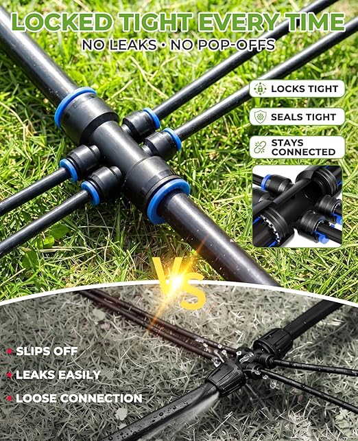 HIRALIY 50FT Drip Irrigation Kit, Garden Watering System with Quick Connectors, 6-Way Splitter, 12 Adjustable Drippers, 1/4" Tubing & 15mm Main Hose forRaised Beds, Patio, Greenhouse