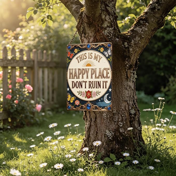 Funny Garden Signs, This is My Happy Place 2D Flat Vintage Garden Decor, Outdoor Wall Decor for Patio Yard Greenhouse Home, Waterproof Garden Gifts 8x12 Inch