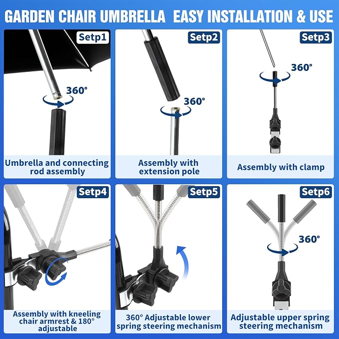 Garden Kneeler Umbrella,42” Large Chair Umbrella with Universal Clamp, 360°Swivel and UPF 50+ Protection,Folding Clip on Umbrellas for Garden Seat Bench Beach Chairs Strollers Golf Carts, NO KNEELER