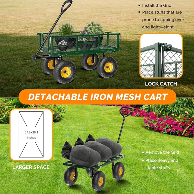 VINGLI Heavy Duty 800 LBS Mesh Steel Garden Cart, Detachable Utility Wheelbarrow, Yard and Garden Wagon Cart with Removable Sides and 10 Inch Wheels (Green)