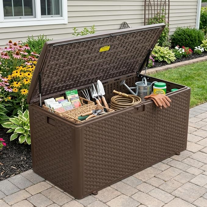 TARKARI Premium Pro Edition 180 Gallon Lockable Resin Deck Box, Waterproof & UV-Resistant Outdoor Storage Box for Outdoor Cushion Storage, Garden Tools & Pool Accessories Storage, Brown