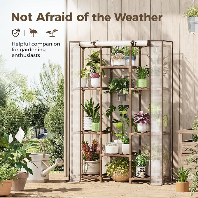 Bamworld Greenhouse Indoor Outdoor Tall Green House for Multiple Plants 10 Tiers 11 Pot Large Plants Holder Rack Wood Warm Houses for Room Corner Balcony Garden Patio