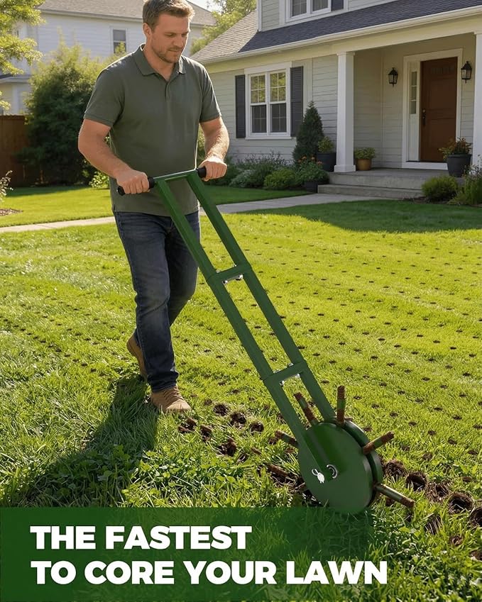 Core Rolling Lawn Aerator with Hollow Tines, Heavy-Duty Manual Yard Tool | Heavy-Duty Manual Rolling Core Aerator With Hollow Tines for Compacted Soil, Seasonal Lawn Care, Yards, And Gardens